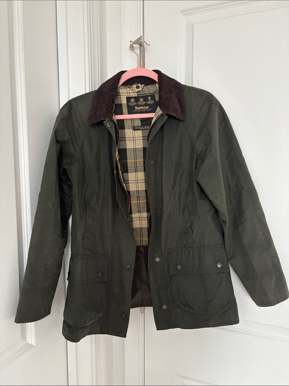Barbour Dark Olive Waxed Field Jacket with Brown Cord Collar